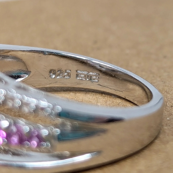 Sterling Silver 925 Love Ring With Pink Stones Size 7 Thailand - Picture 4 of 5